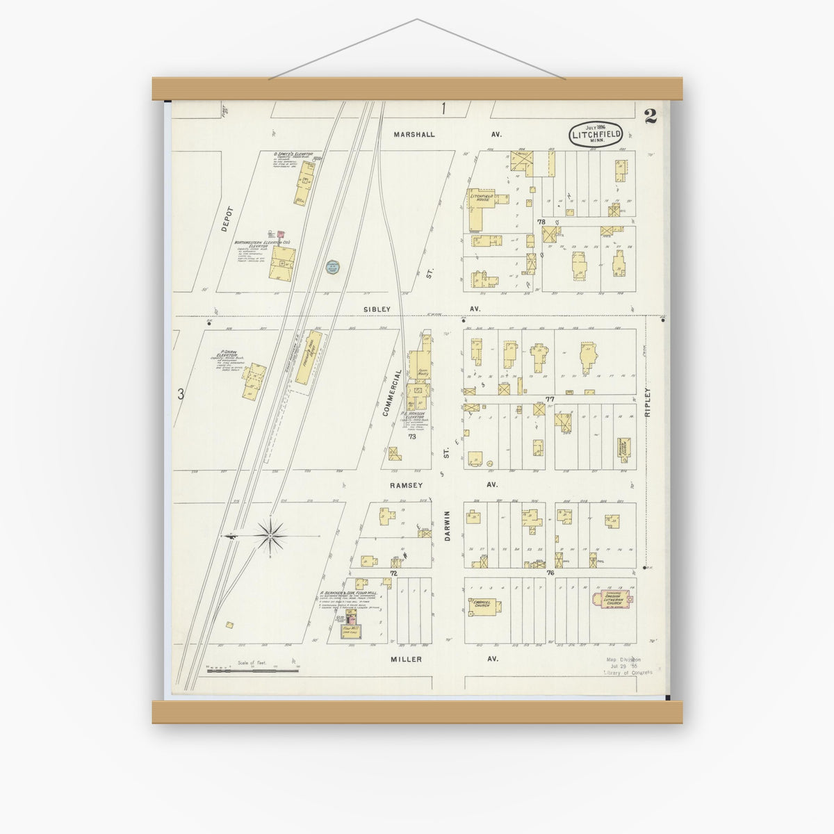 Old map wall art mockup — magnetic wood frame on white wall — Sanborn Fire Insurance Map from Litchfield, Meeker County, Minnesota (1896), Sheet #0002