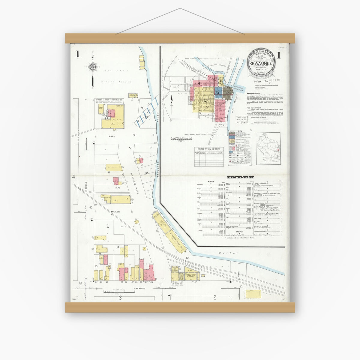 Old map wall art mockup — magnetic wood frame on white wall — Sanborn Fire Insurance Map from Kewaunee, Kewaunee County, Wisconsin (1933), Sheet #0001