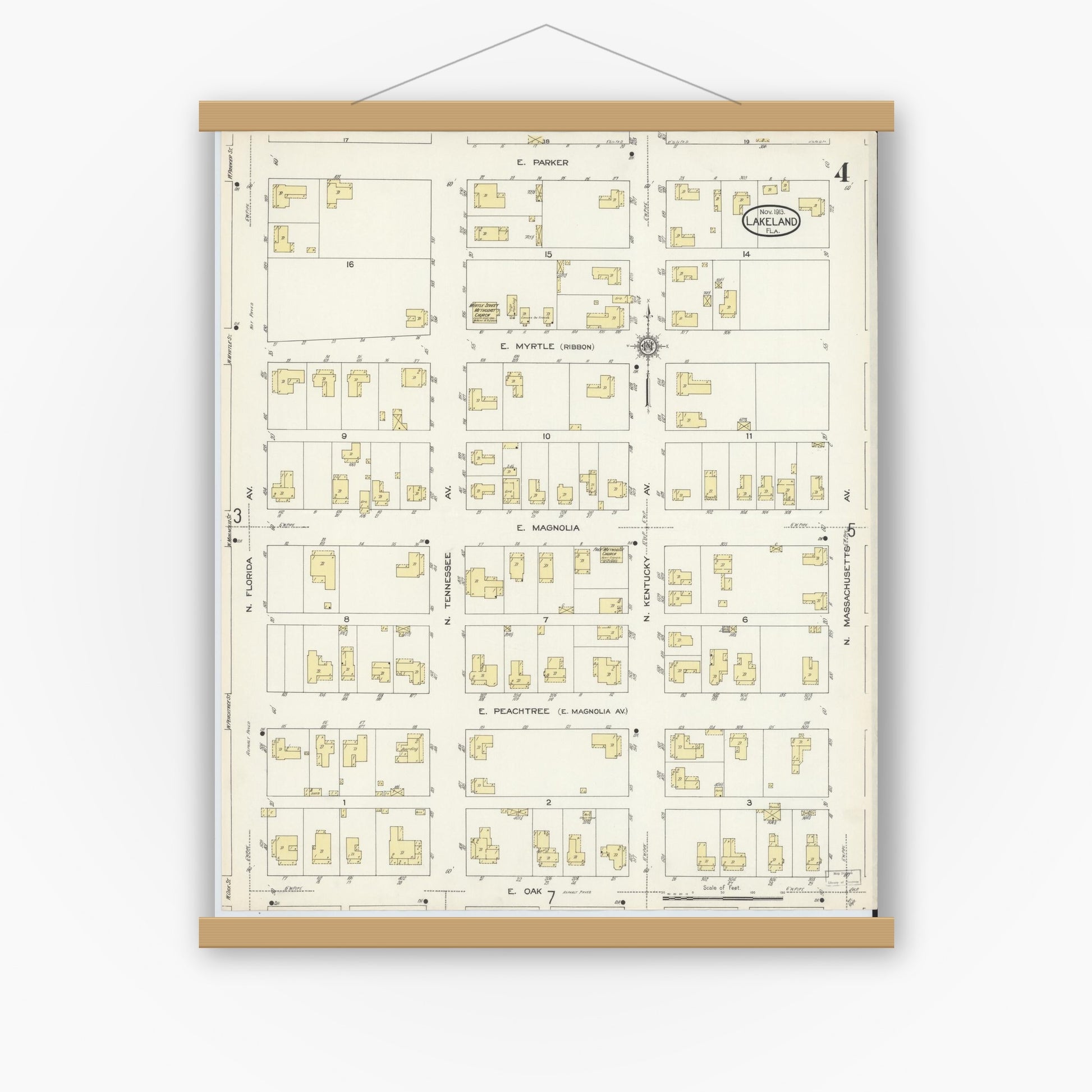 Old map wall art mockup — magnetic wood frame on white wall — Sanborn Fire Insurance Map from Lakeland, Polk County, Florida (1913), Sheet #0004