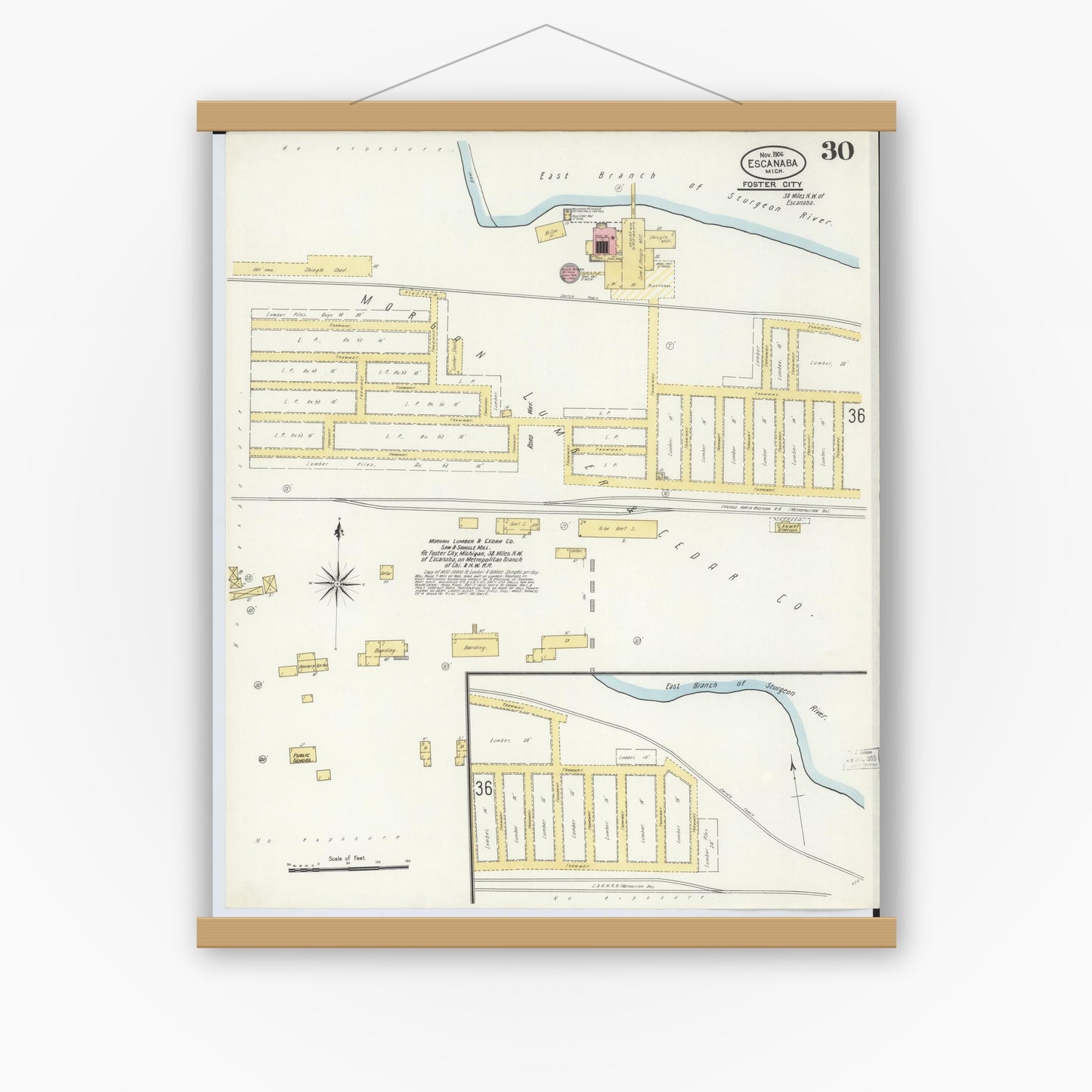 Old map wall art mockup — magnetic wood frame on white wall — Sanborn Fire Insurance Map from Escanaba, Delta County, Michigan (1906), Sheet #0030