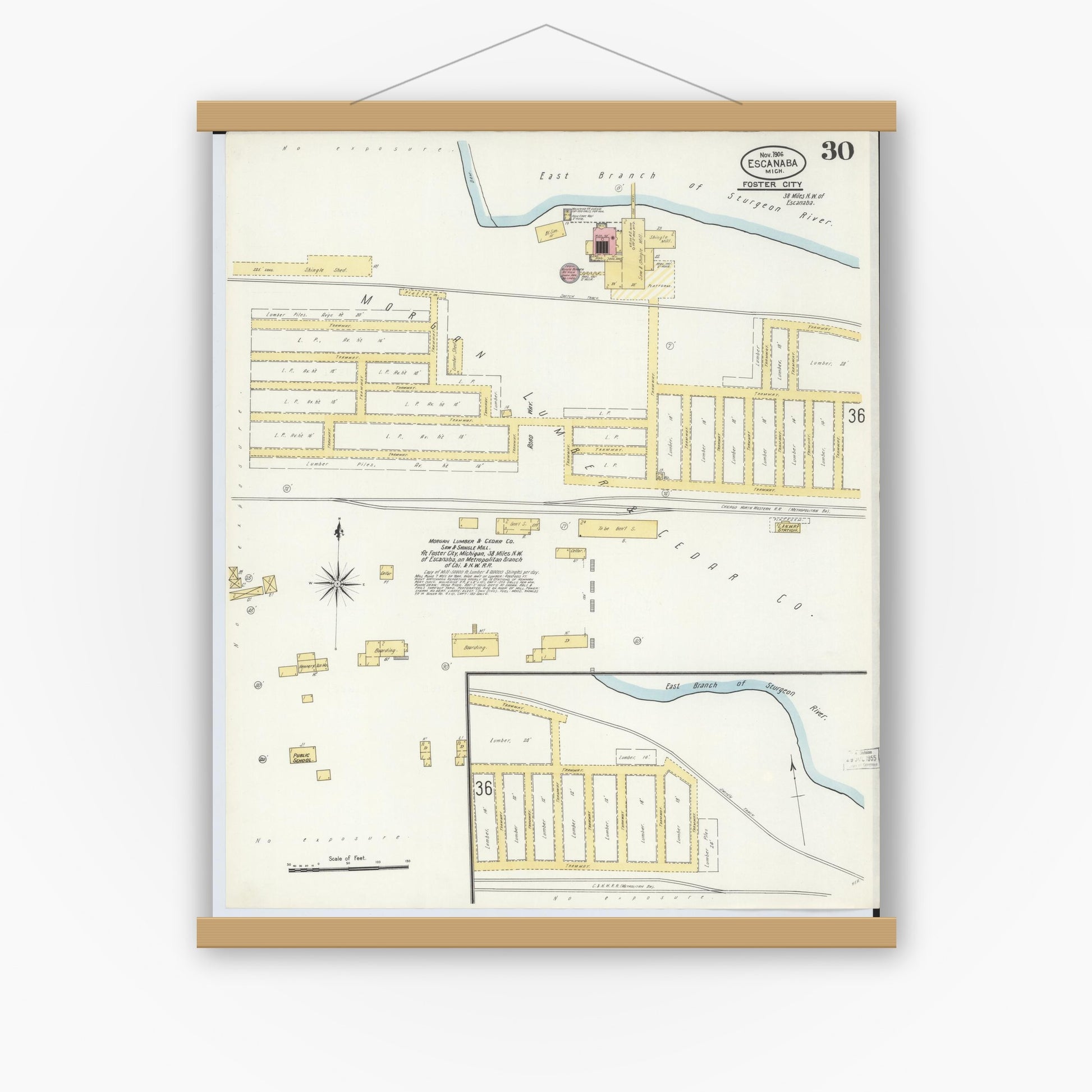 Old map wall art mockup — magnetic wood frame on white wall — Sanborn Fire Insurance Map from Escanaba, Delta County, Michigan (1906), Sheet #0030