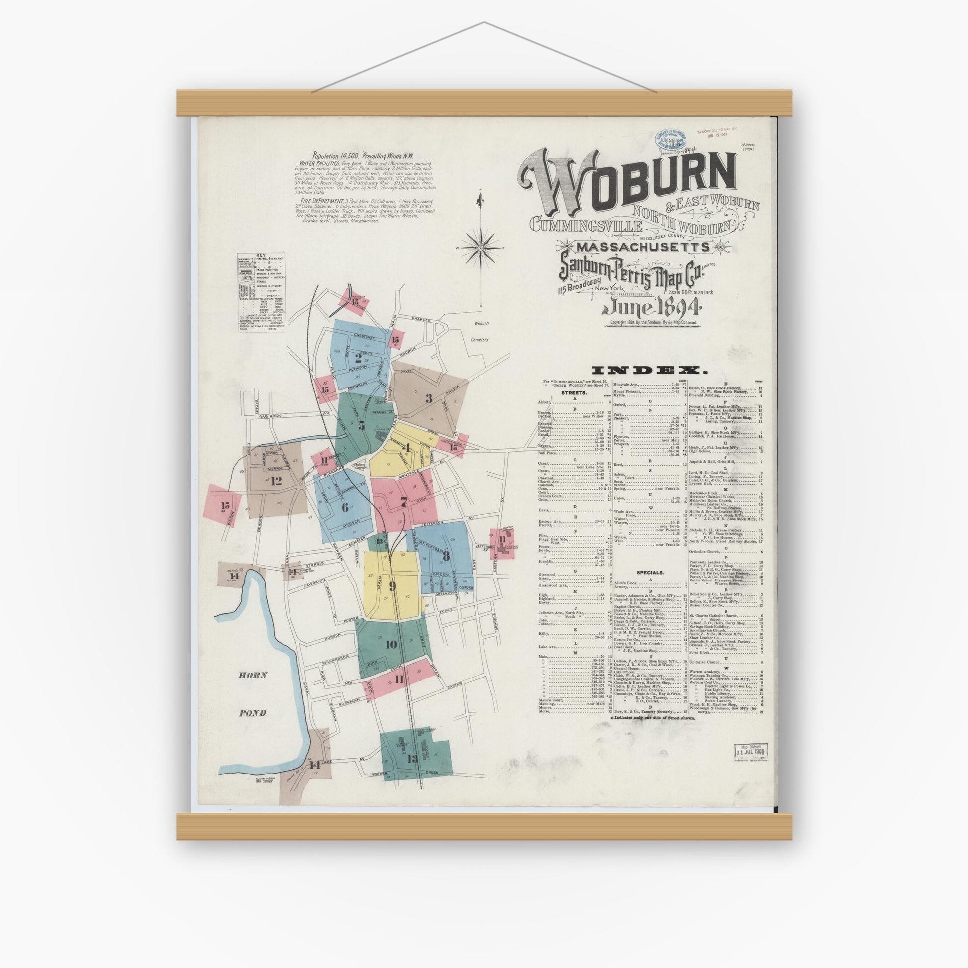 Old map wall art mockup — magnetic wood frame on white wall — Sanborn Fire Insurance Map from Woburn, Middlesex County, Massachusetts (1894), Sheet #0001