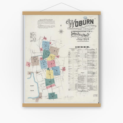 Old map wall art mockup — magnetic wood frame on white wall — Sanborn Fire Insurance Map from Woburn, Middlesex County, Massachusetts (1894), Sheet #0001