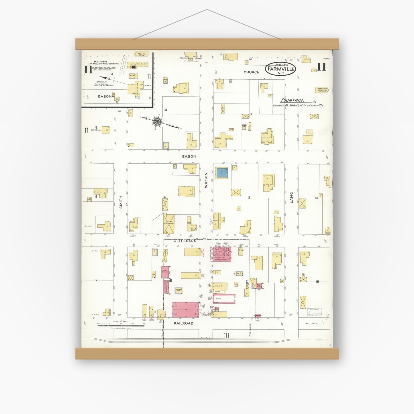 Old map wall art mockup — magnetic wood frame on white wall — Sanborn Fire Insurance Map from Farmville, Pitt County, North Carolina (1923), Sheet #0011
