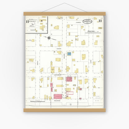 Old map wall art mockup — magnetic wood frame on white wall — Sanborn Fire Insurance Map from Farmville, Pitt County, North Carolina (1923), Sheet #0011