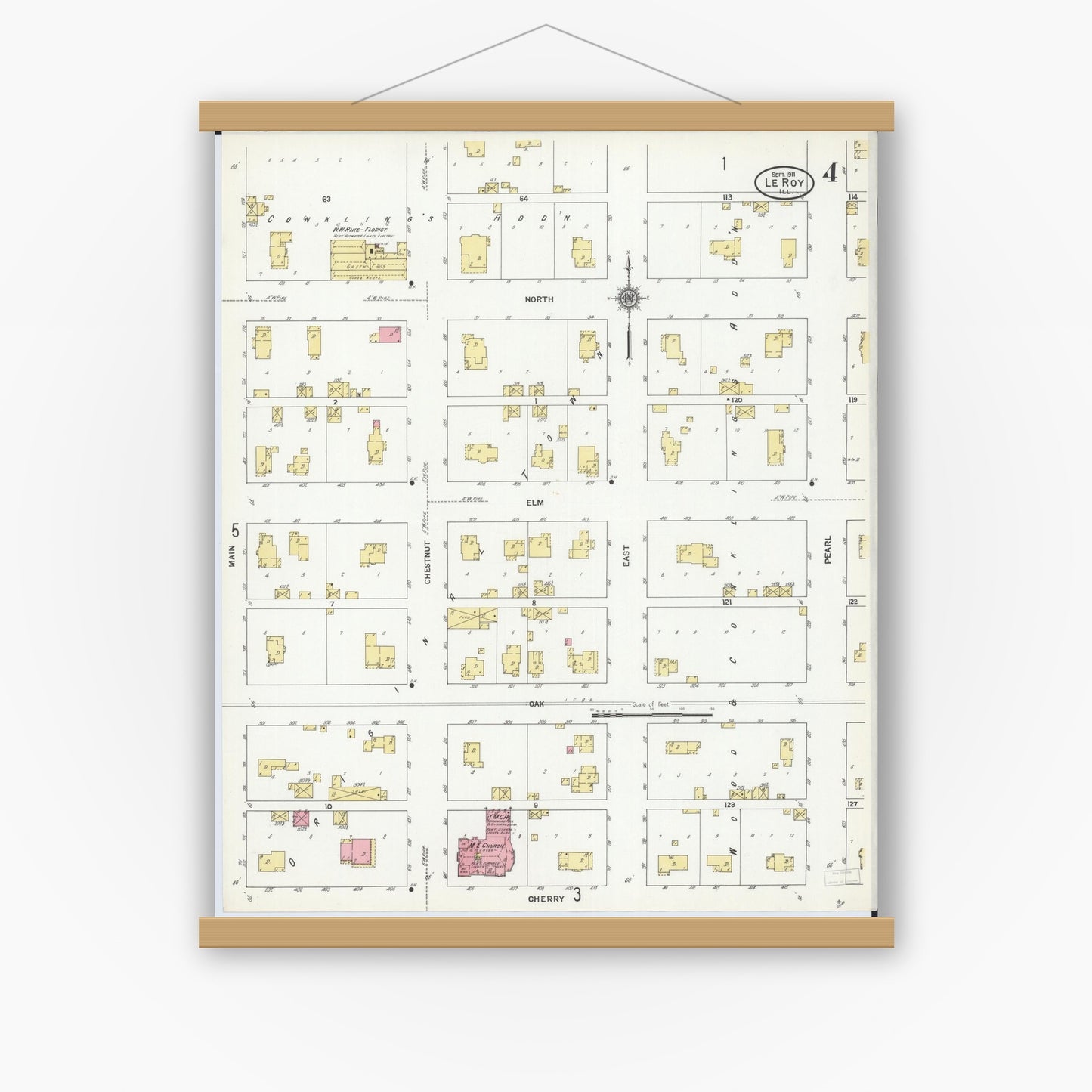 Old map wall art mockup — magnetic wood frame on white wall — Sanborn Fire Insurance Map from Leroy, McLean County, Illinois (1911), Sheet #0004