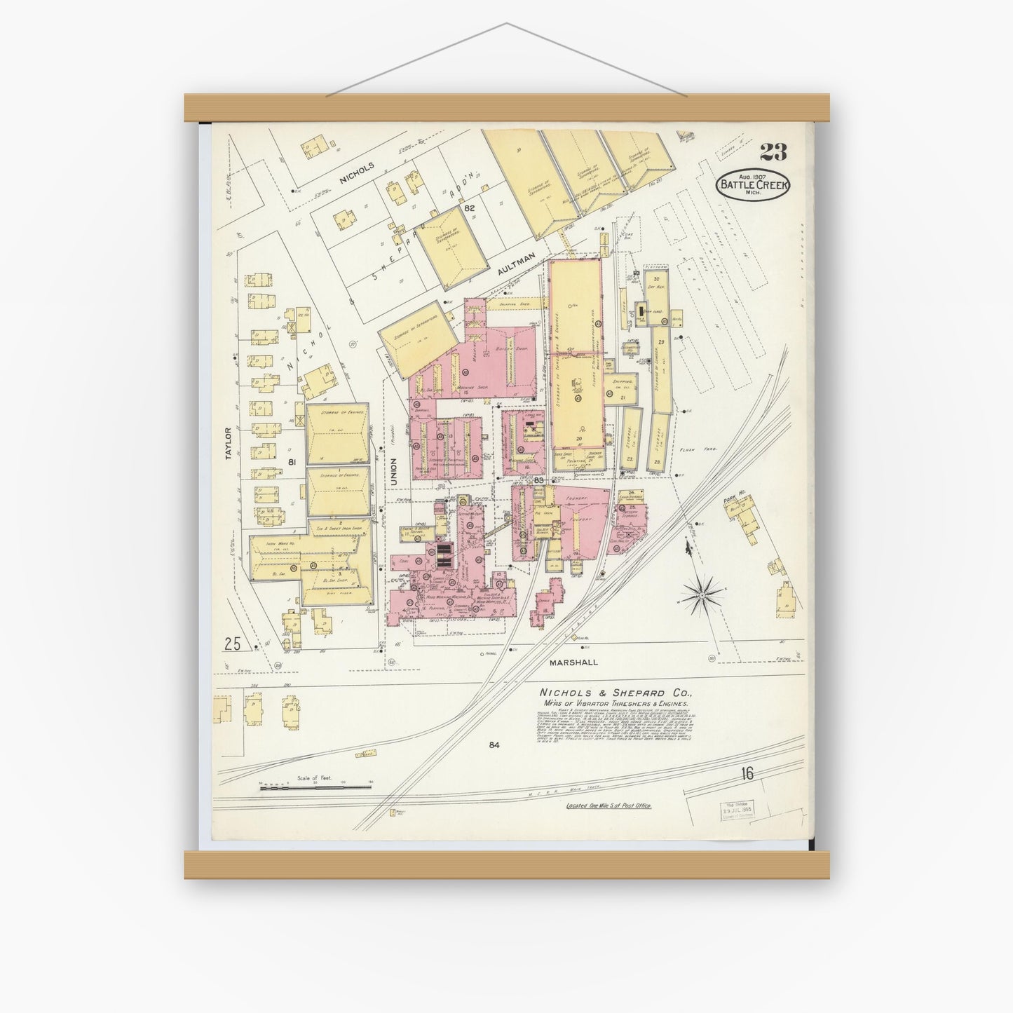 Old map wall art mockup — magnetic wood frame on white wall — Sanborn Fire Insurance Map from Battle Creek, Calhoun County, Michigan (1907), Sheet #0023