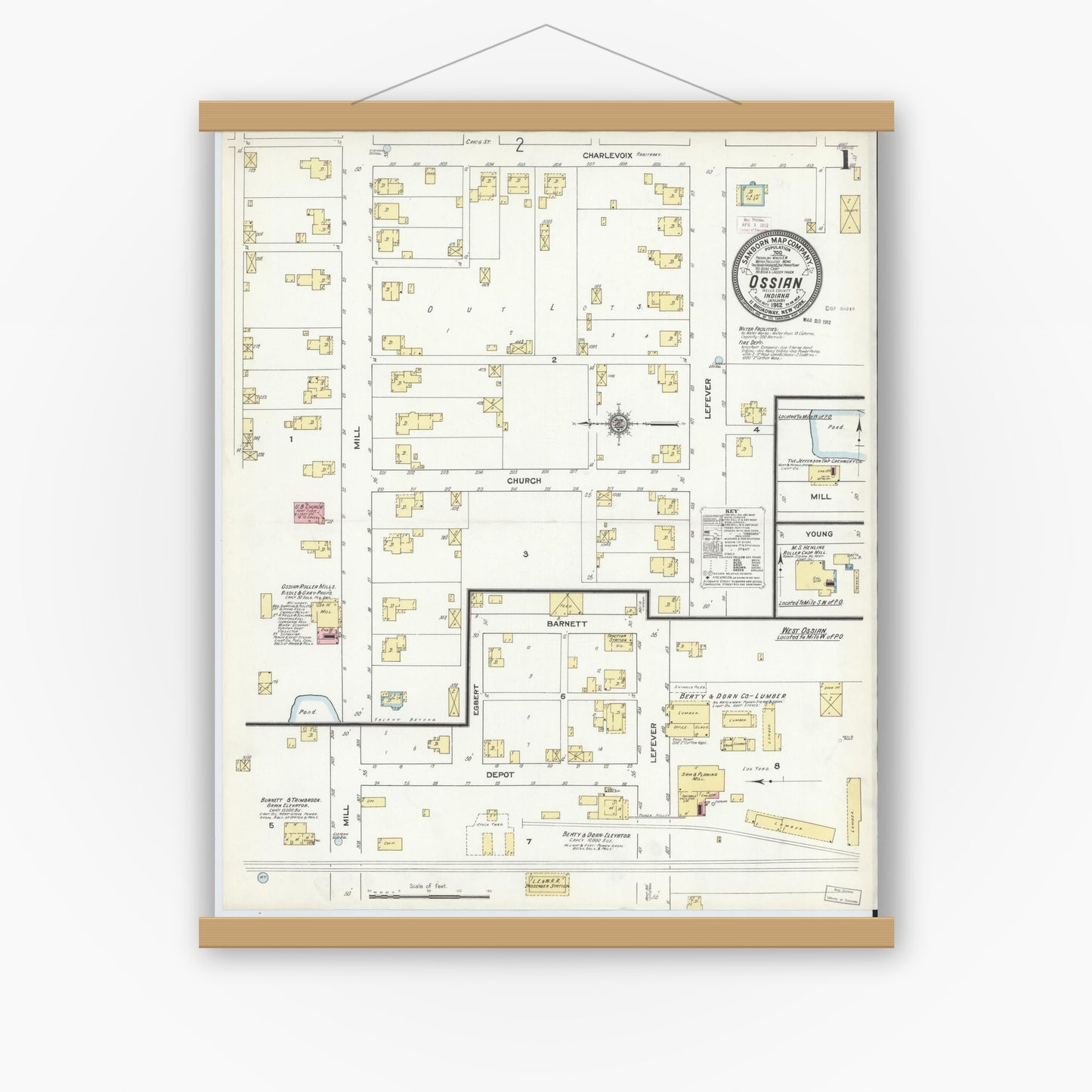 Old map wall art mockup — magnetic wood frame on white wall — Sanborn Fire Insurance Map from Ossian, Wells County, Indiana (1912) - Complete Map Set