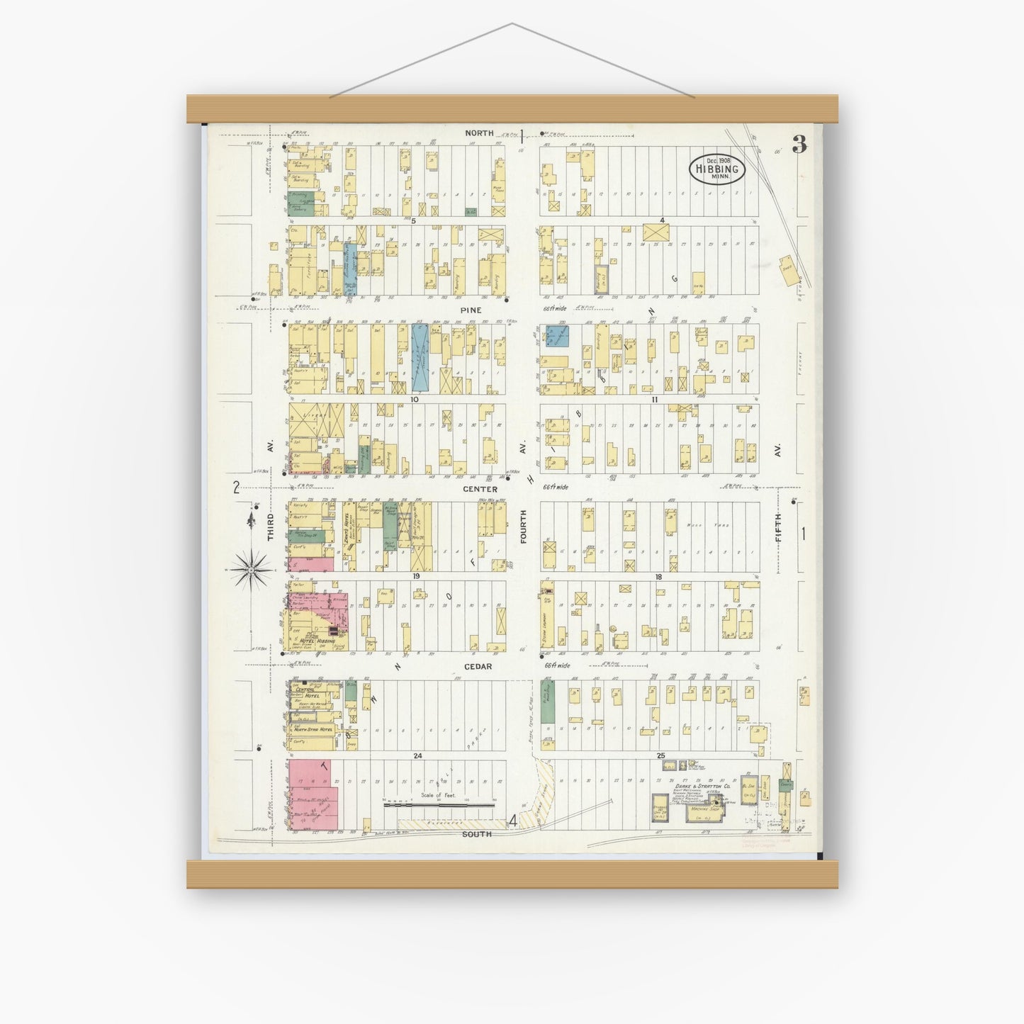 Old map wall art mockup — magnetic wood frame on white wall — Sanborn Fire Insurance Map from Hibbing, Saint Louis County, Minnesota (1908), Sheet #0003