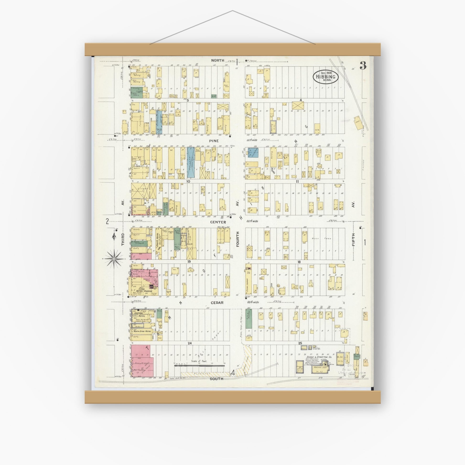 Old map wall art mockup — magnetic wood frame on white wall — Sanborn Fire Insurance Map from Hibbing, Saint Louis County, Minnesota (1908), Sheet #0003