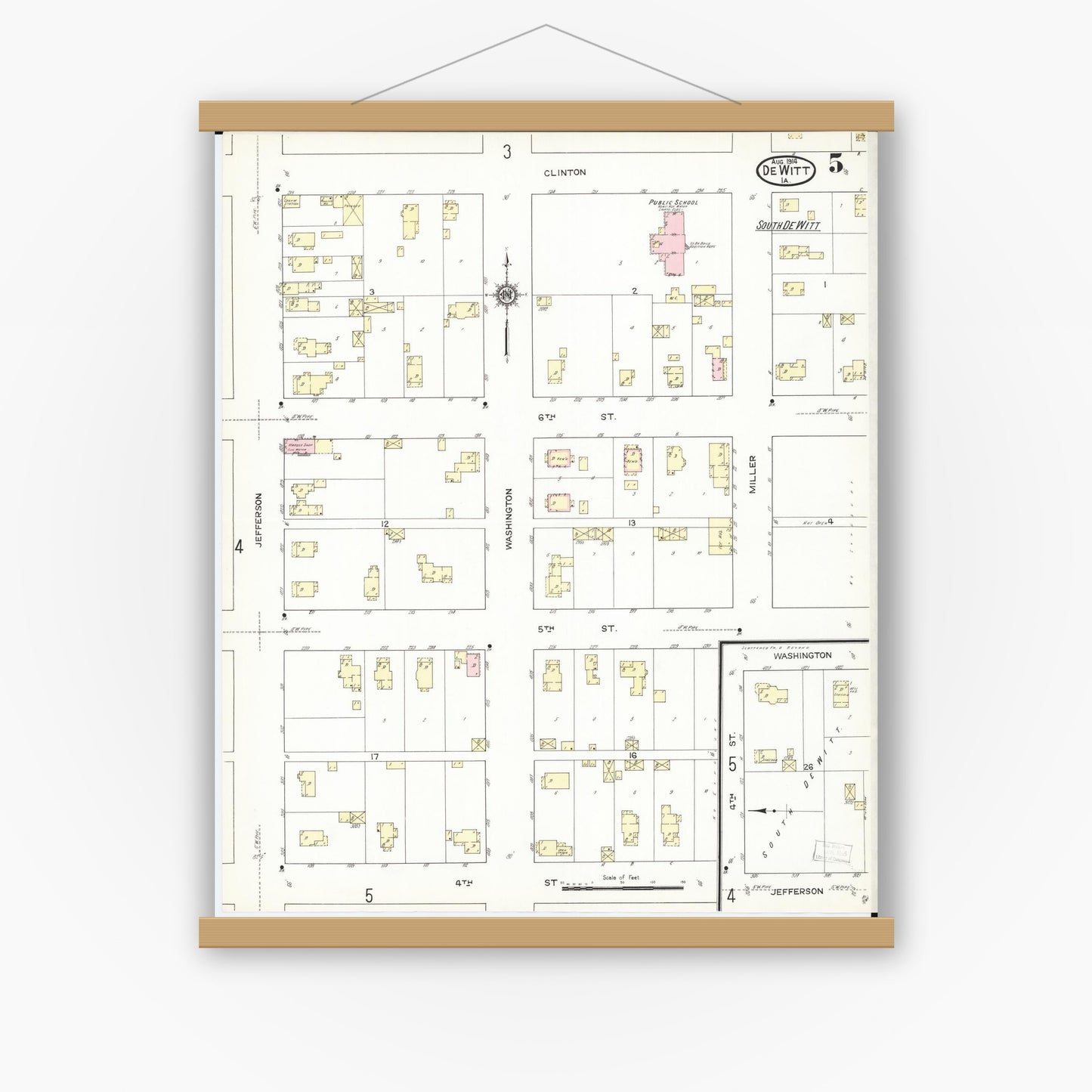 Old map wall art mockup — magnetic wood frame on white wall — Sanborn Fire Insurance Map from De Witt, Clinton County, Iowa (1914), Sheet #0005