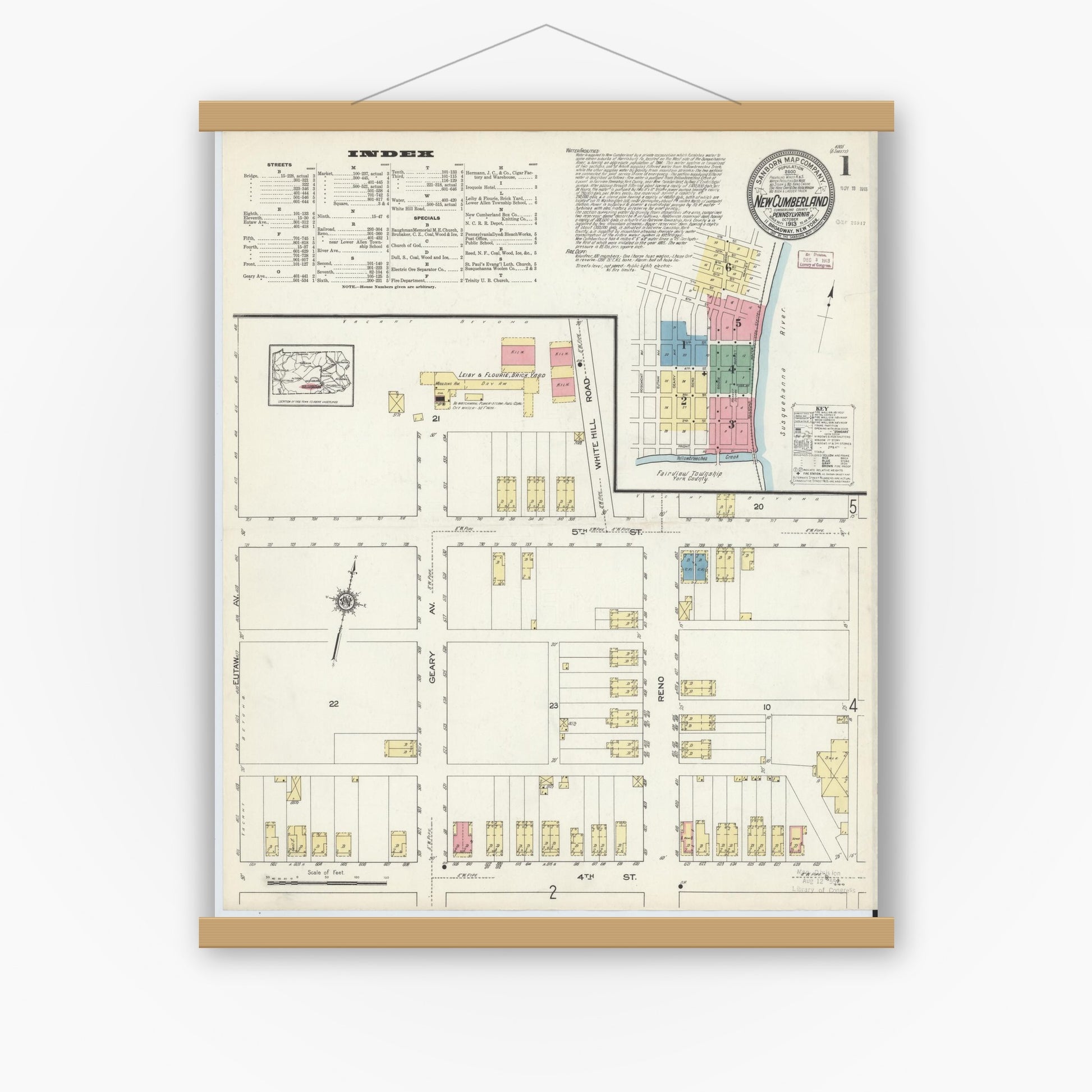 Old map wall art mockup — magnetic wood frame on white wall — Sanborn Fire Insurance Map from New Cumberland, Cumberland County, Pennsylvania (1913), Sheet #0001