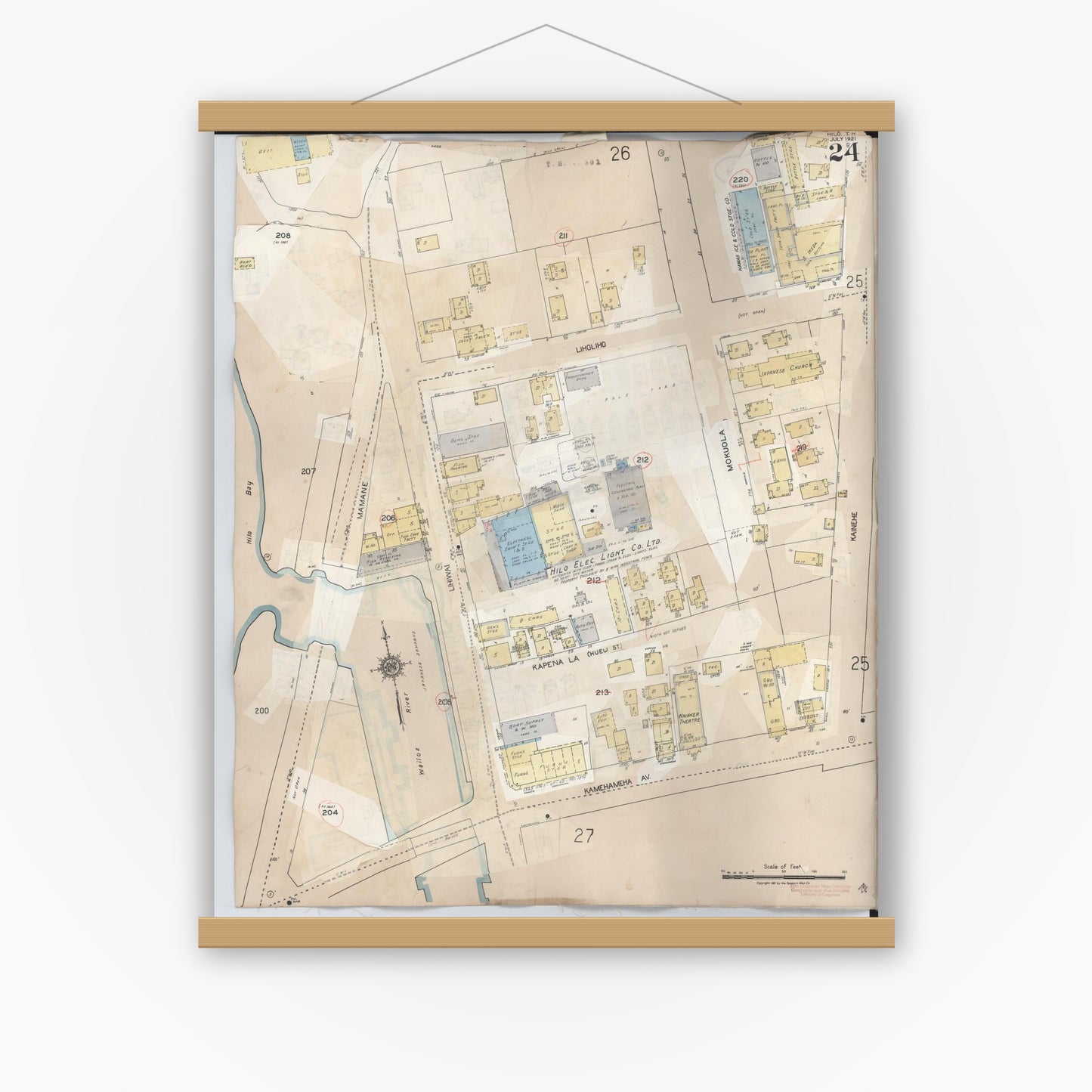 Old map wall art mockup — magnetic wood frame on white wall — Sanborn Fire Insurance Map from Hilo, Hawaii County, Hawaii (1957), Sheet #0024