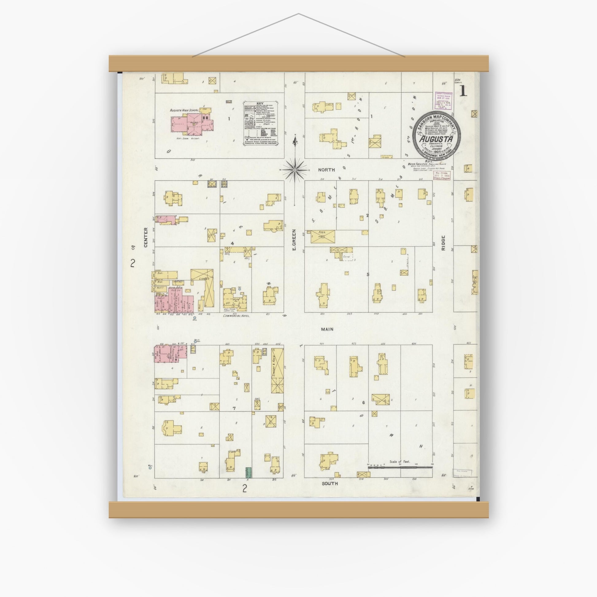 Old map wall art mockup — magnetic wood frame on white wall — Sanborn Fire Insurance Map from Augusta, Hancock County, Illinois (1906) - Complete Map Set