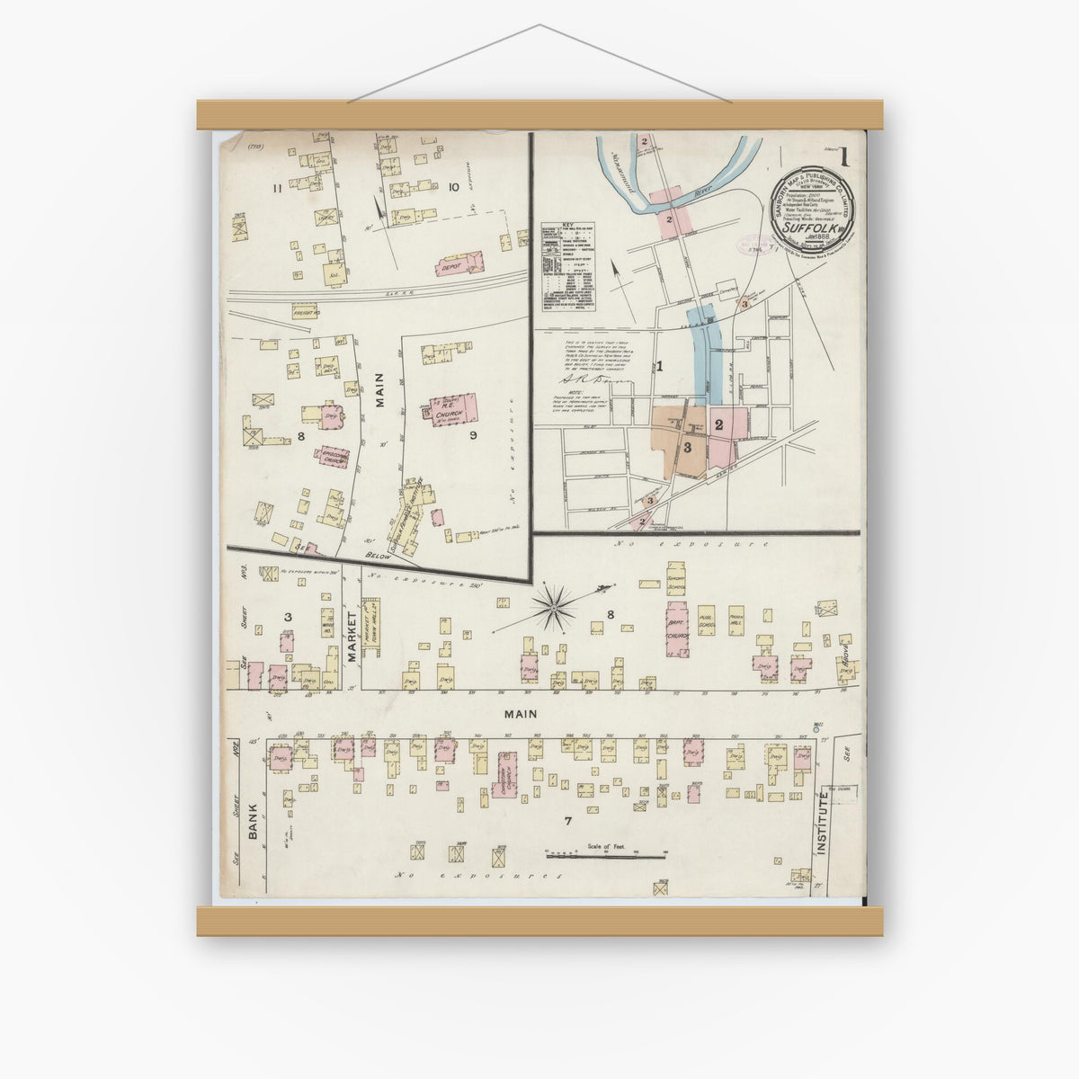 Old map wall art mockup — magnetic wood frame on white wall — Sanborn Fire Insurance Map from Suffolk, Independent Cities, Virginia (1888), Sheet #0001