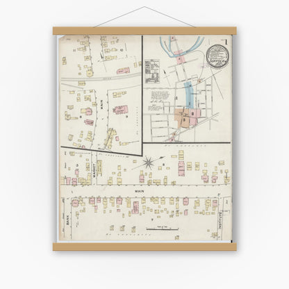 Old map wall art mockup — magnetic wood frame on white wall — Sanborn Fire Insurance Map from Suffolk, Independent Cities, Virginia (1888), Sheet #0001