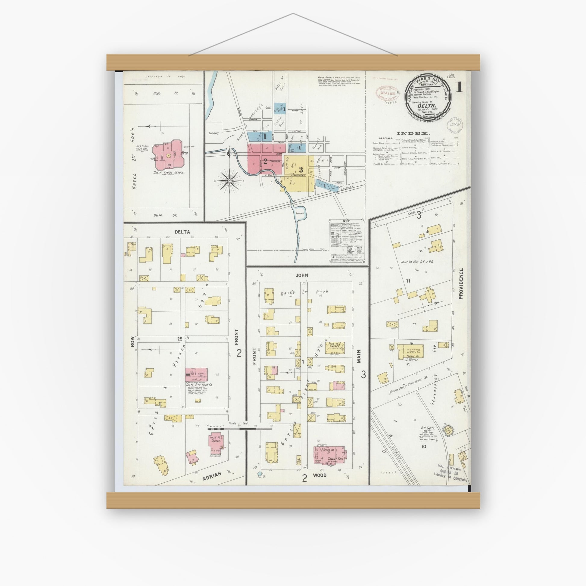 Old map wall art mockup — magnetic wood frame on white wall — Sanborn Fire Insurance Map from Delta, Fulton County, Ohio (1899) - Complete Map Set