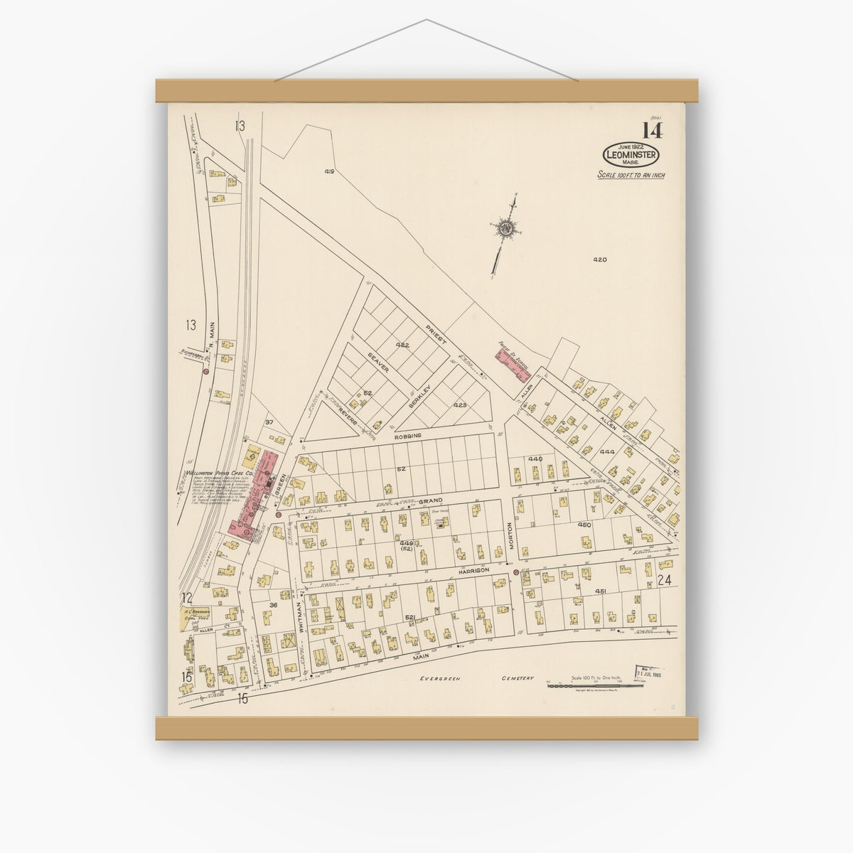 Old map wall art mockup — magnetic wood frame on white wall — Sanborn Fire Insurance Map from Leominster, Worcester County, Massachusetts (1922), Sheet #0014