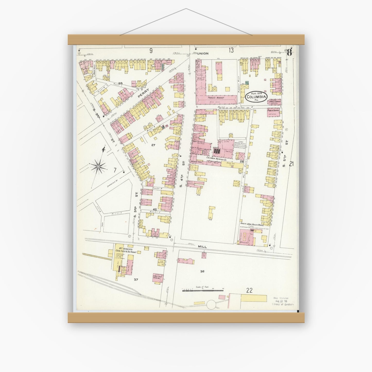 Old map wall art mockup — magnetic wood frame on white wall — Sanborn Fire Insurance Map from Columbia, Lancaster County, Pennsylvania (1909), Sheet #0008