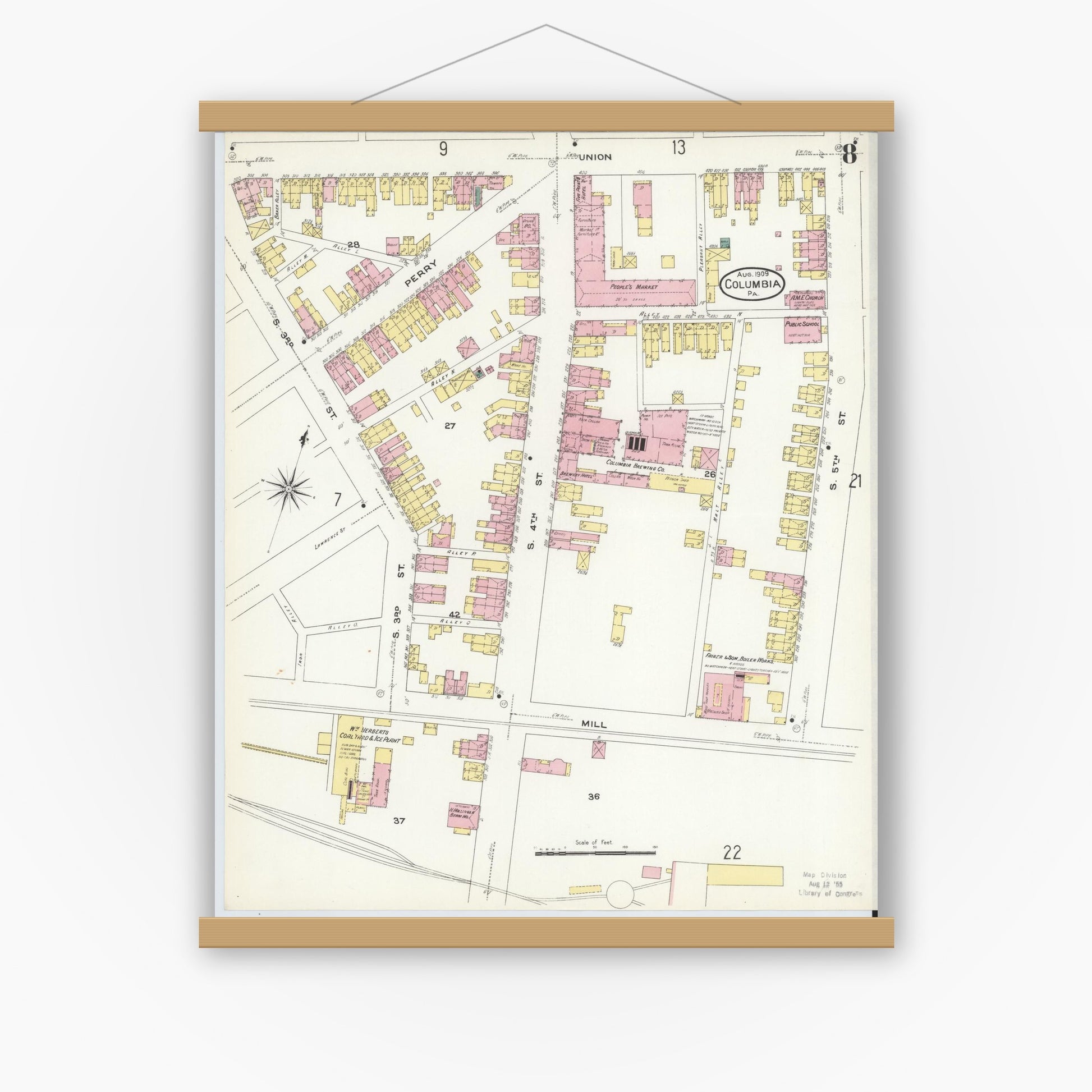 Old map wall art mockup — magnetic wood frame on white wall — Sanborn Fire Insurance Map from Columbia, Lancaster County, Pennsylvania (1909), Sheet #0008