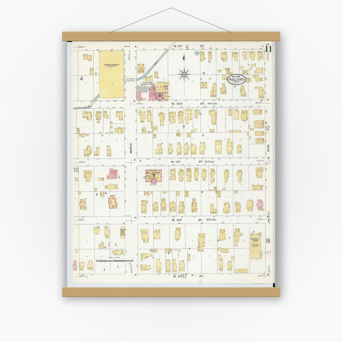 Old map wall art mockup — magnetic wood frame on white wall — Sanborn Fire Insurance Map from Holland, Ottawa County, Michigan (1908), Sheet #0011