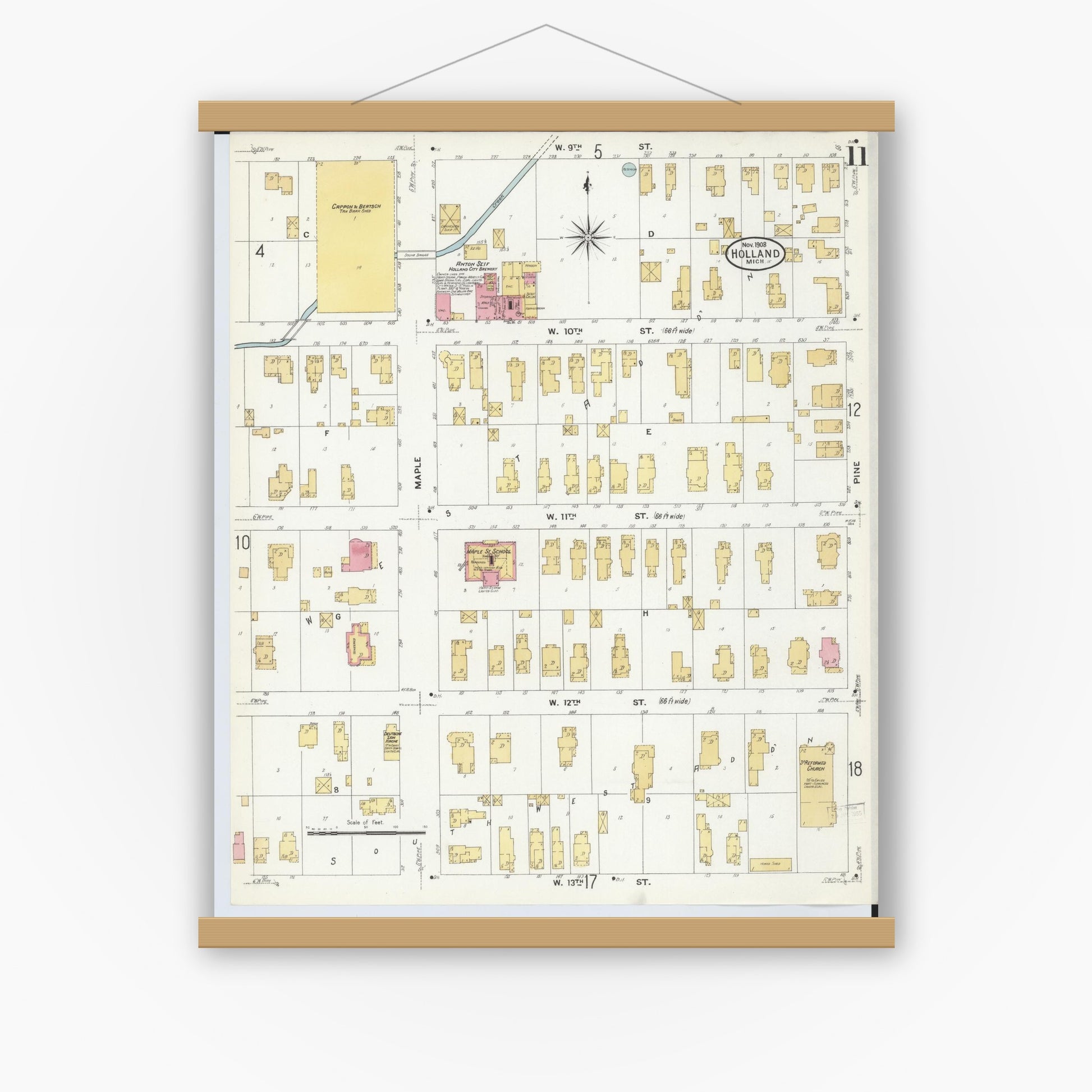 Old map wall art mockup — magnetic wood frame on white wall — Sanborn Fire Insurance Map from Holland, Ottawa County, Michigan (1908), Sheet #0011