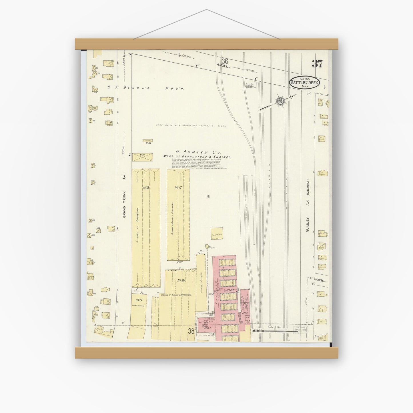 Old map wall art mockup — magnetic wood frame on white wall — Sanborn Fire Insurance Map from Battle Creek, Calhoun County, Michigan (1913), Sheet #0037