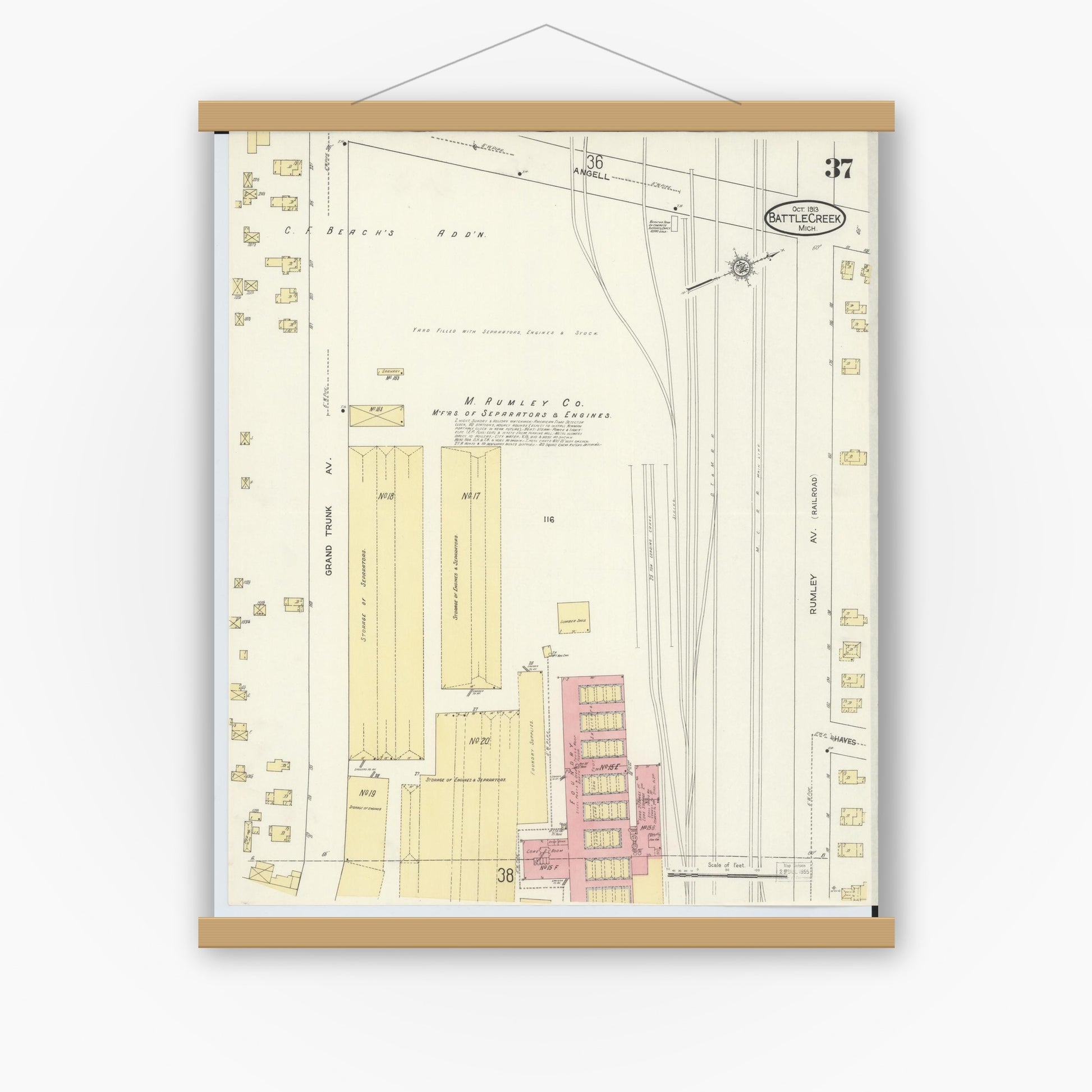 Old map wall art mockup — magnetic wood frame on white wall — Sanborn Fire Insurance Map from Battle Creek, Calhoun County, Michigan (1913), Sheet #0037