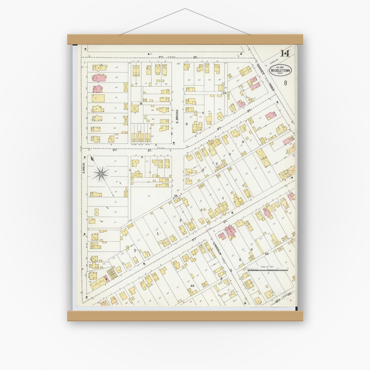 Old map wall art mockup — magnetic wood frame on white wall — Sanborn Fire Insurance Map from Middletown, Butler County, Ohio (1901), Sheet #0014