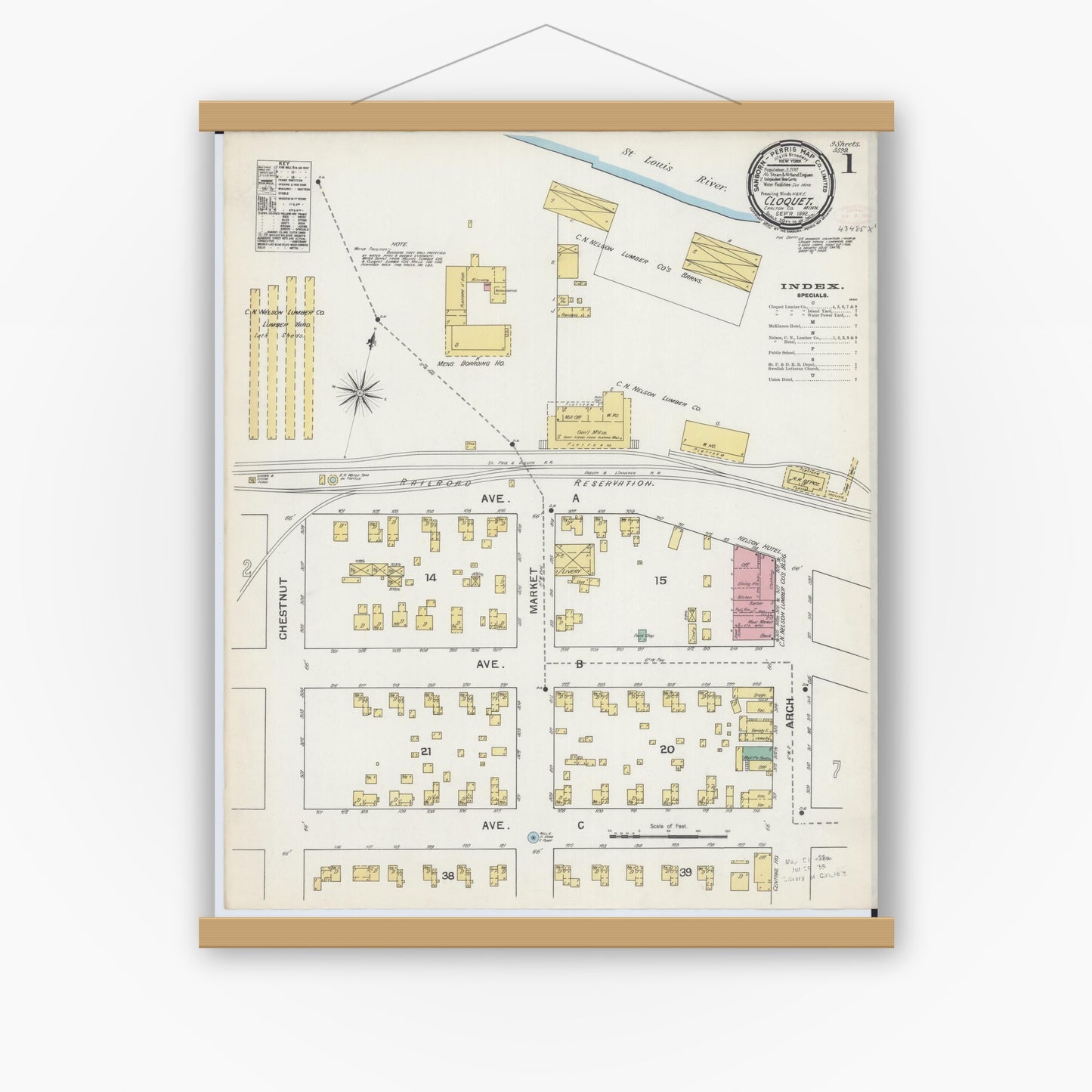 Old map wall art mockup — magnetic wood frame on white wall — Sanborn Fire Insurance Map from Cloquet, Carlton County, Minnesota (1892), Sheet #0001