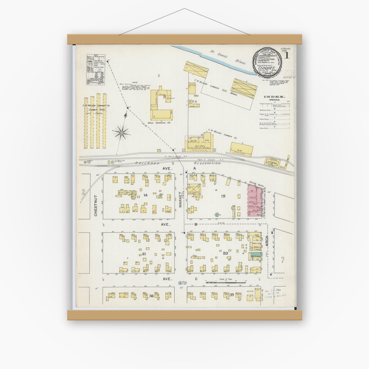 Old map wall art mockup — magnetic wood frame on white wall — Sanborn Fire Insurance Map from Cloquet, Carlton County, Minnesota (1892), Sheet #0001