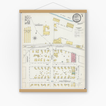 Old map wall art mockup — magnetic wood frame on white wall — Sanborn Fire Insurance Map from Cloquet, Carlton County, Minnesota (1892), Sheet #0001