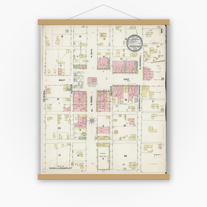 Old map wall art mockup — magnetic wood frame on white wall — Sanborn Fire Insurance Map from Henderson, Rusk County, Texas (1890) - Complete Map Set