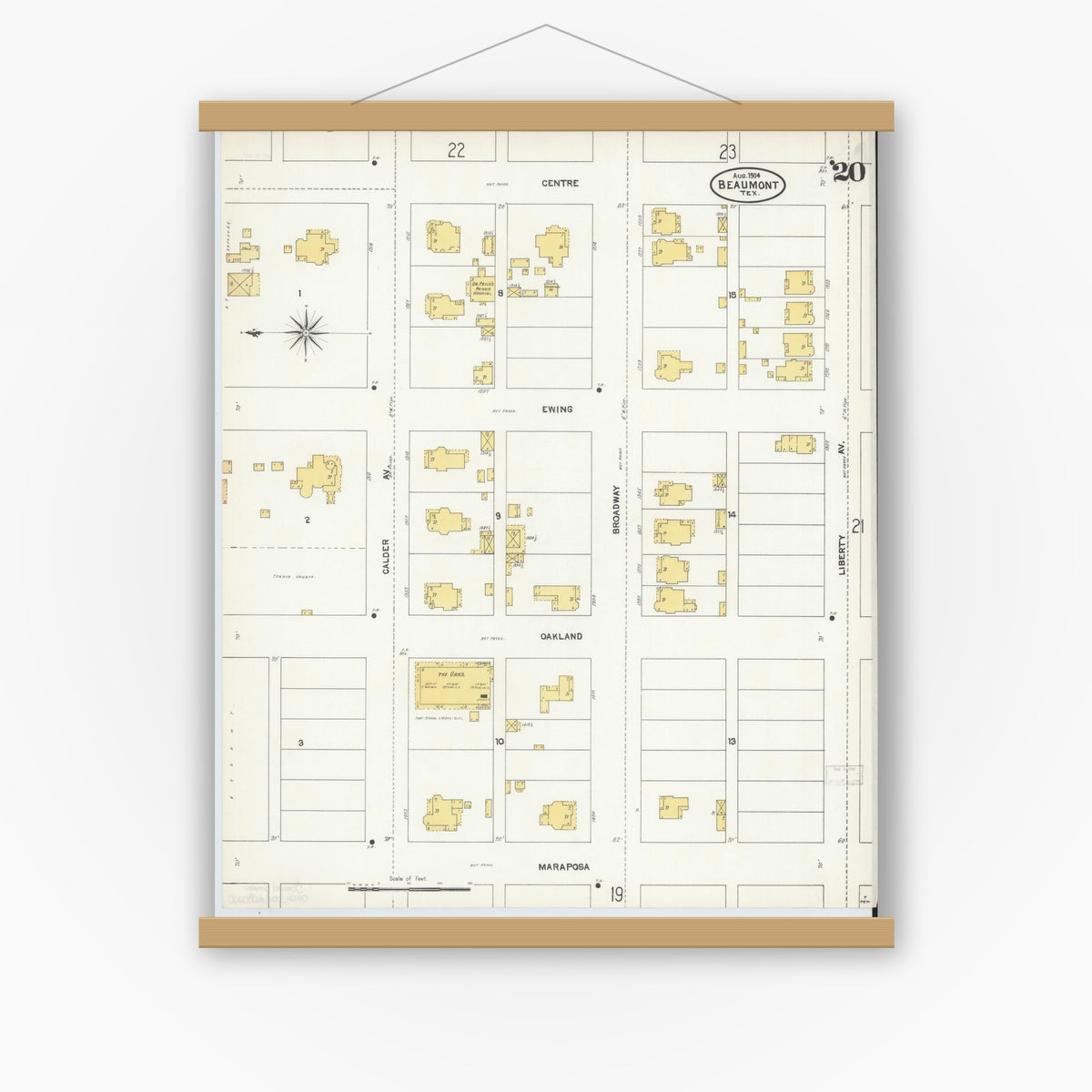 Old map wall art mockup — magnetic wood frame on white wall — Sanborn Fire Insurance Map from Beaumont, Jefferson County, Texas (1904), Sheet #0020