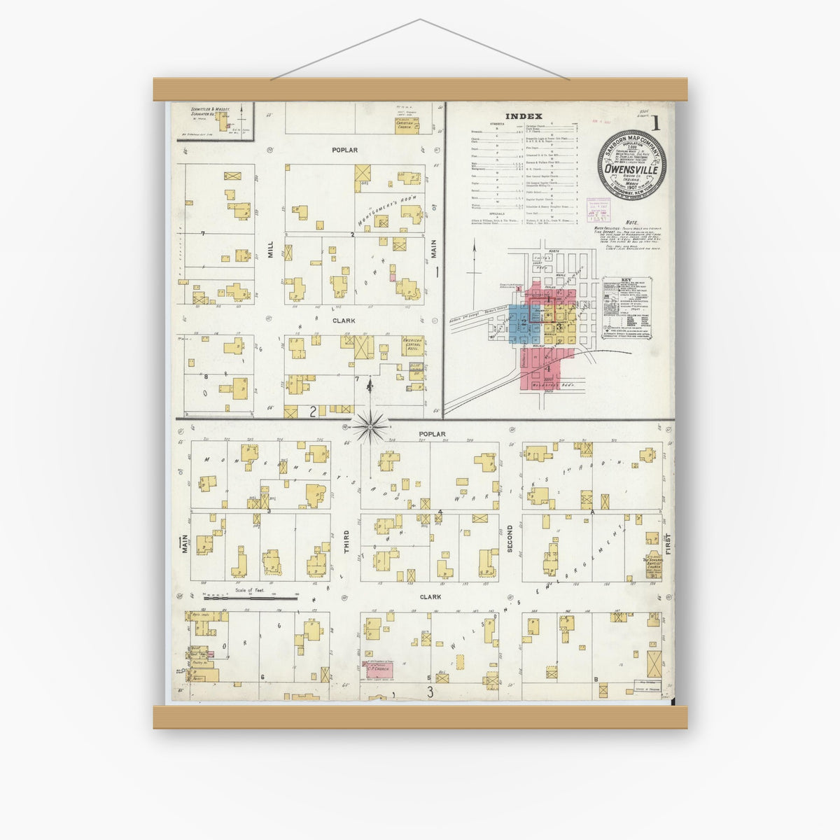 Old map wall art mockup — magnetic wood frame on white wall — Sanborn Fire Insurance Map from Owensville, Gibson County, Indiana (1907), Sheet #0001