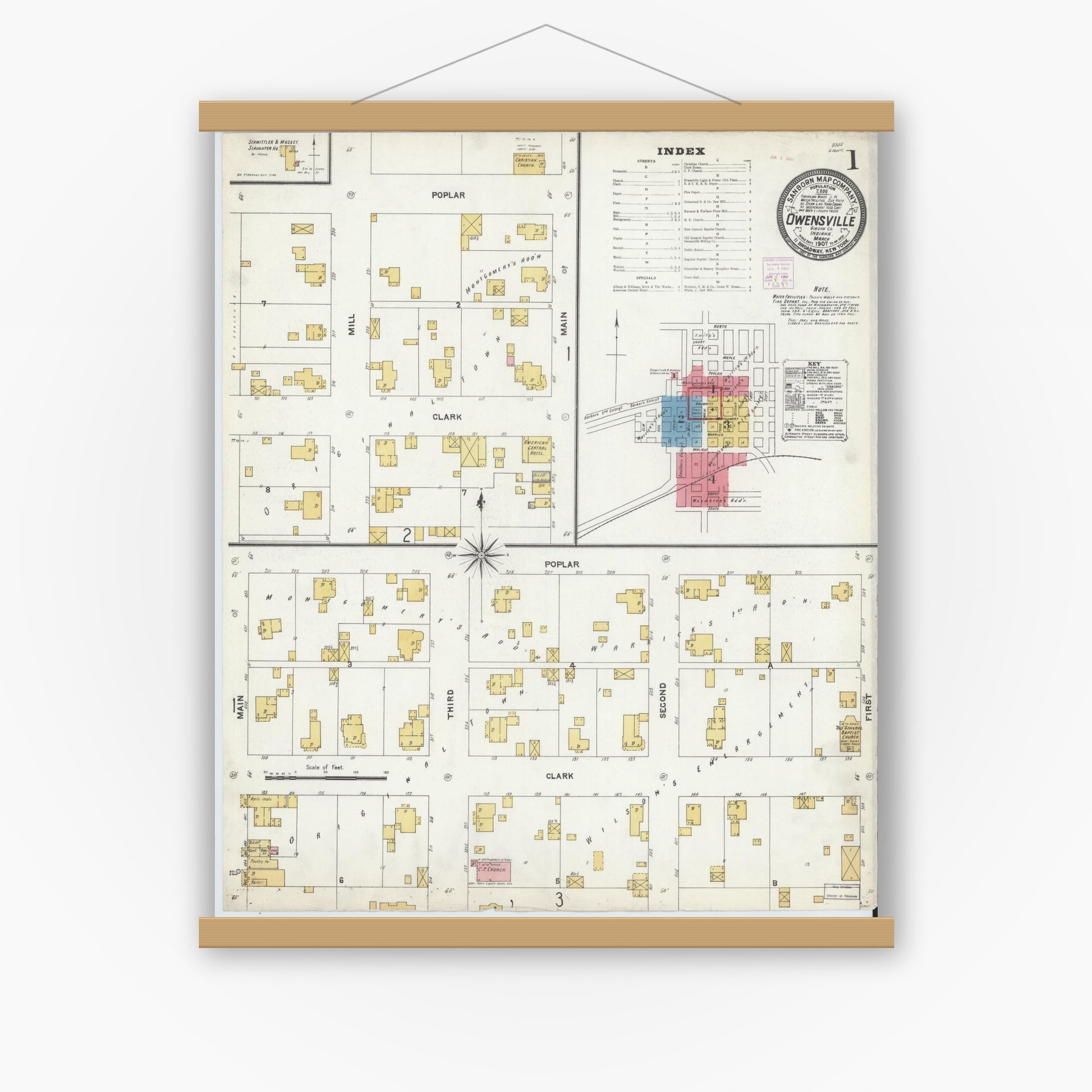 Old map wall art mockup — magnetic wood frame on white wall — Sanborn Fire Insurance Map from Owensville, Gibson County, Indiana (1907), Sheet #0001