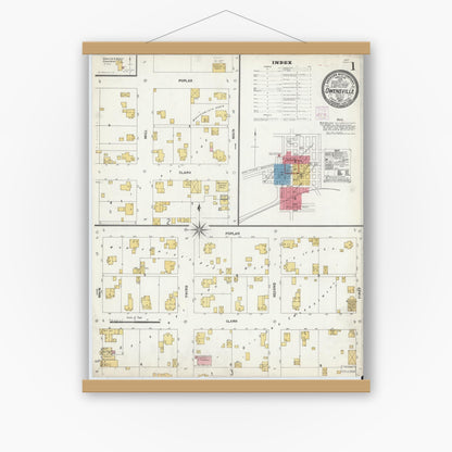 Old map wall art mockup — magnetic wood frame on white wall — Sanborn Fire Insurance Map from Owensville, Gibson County, Indiana (1907), Sheet #0001
