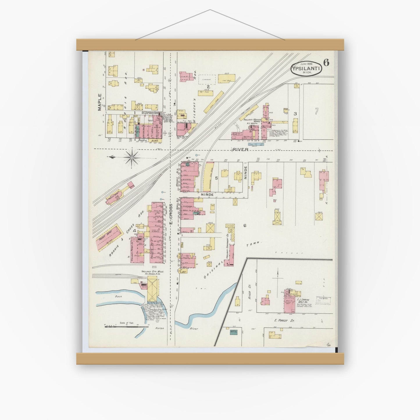 Old map wall art mockup — magnetic wood frame on white wall — Sanborn Fire Insurance Map from Ypsilanti, Washtenaw County, Michigan (1893), Sheet #0006