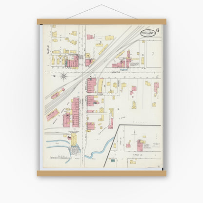 Old map wall art mockup — magnetic wood frame on white wall — Sanborn Fire Insurance Map from Ypsilanti, Washtenaw County, Michigan (1893), Sheet #0006