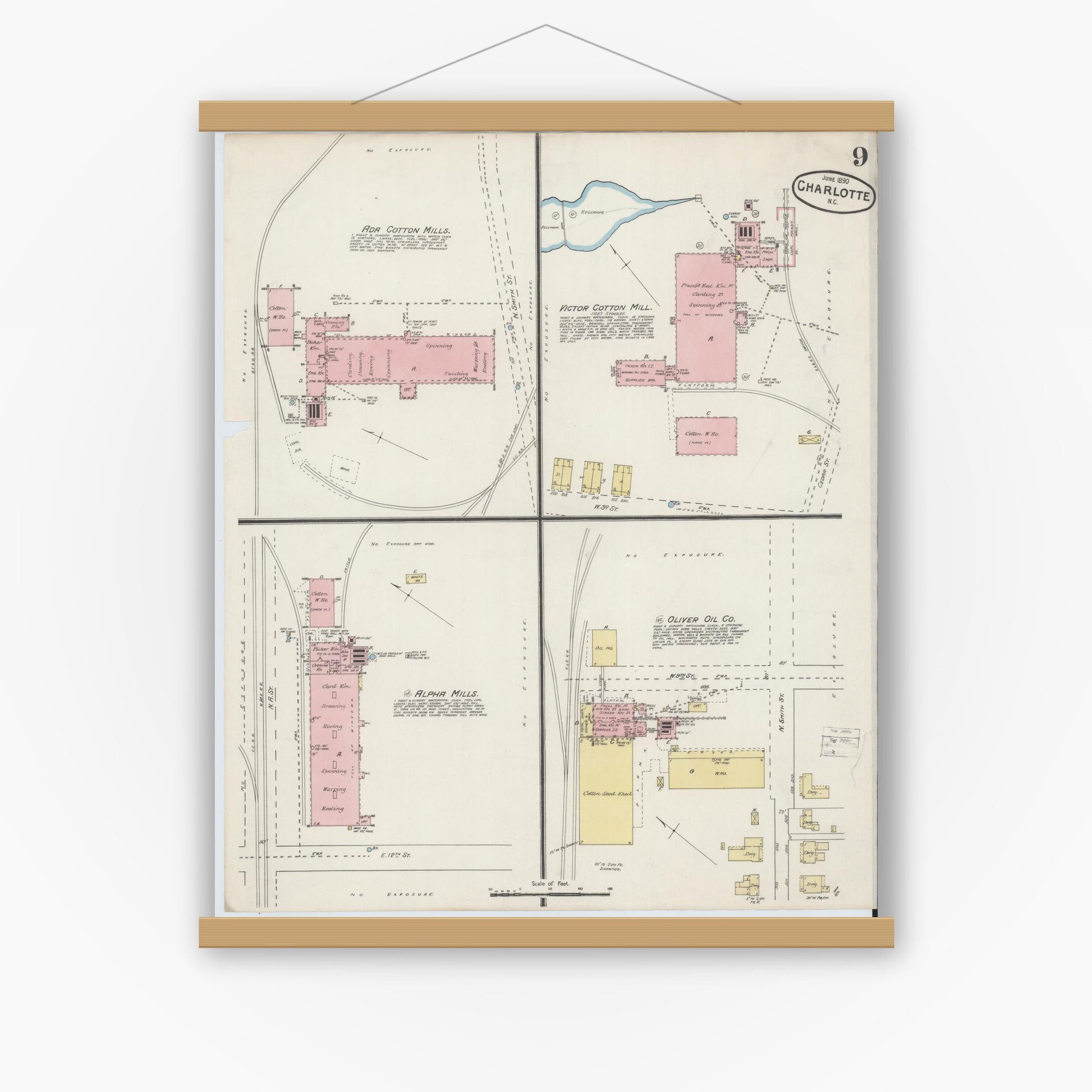 Old map wall art mockup — magnetic wood frame on white wall — Sanborn Fire Insurance Map from Charlotte, Mecklenburg County, North Carolina (1890), Sheet #0009