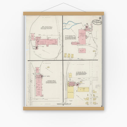 Old map wall art mockup — magnetic wood frame on white wall — Sanborn Fire Insurance Map from Charlotte, Mecklenburg County, North Carolina (1890), Sheet #0009