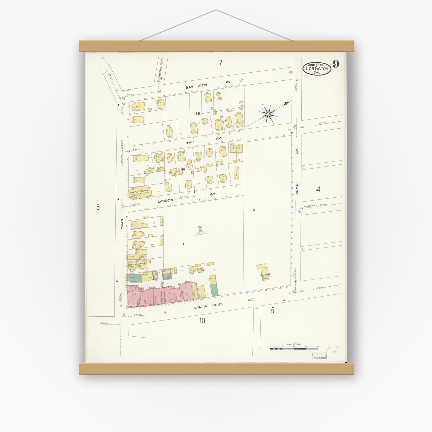 Old map wall art mockup — magnetic wood frame on white wall — Sanborn Fire Insurance Map from Los Gatos, Santa Clara County, California (1908), Sheet #0009