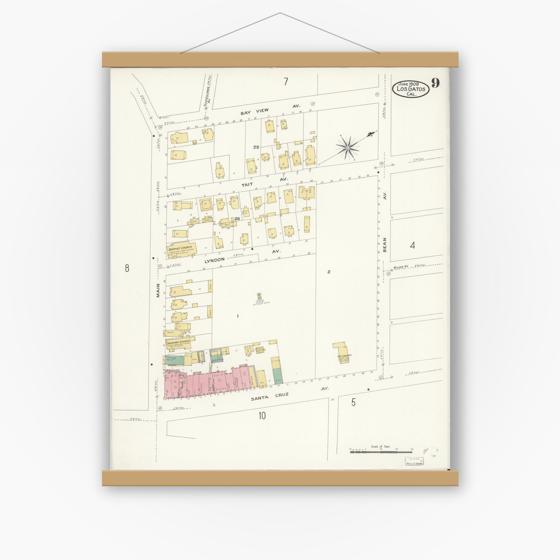 Old map wall art mockup — magnetic wood frame on white wall — Sanborn Fire Insurance Map from Los Gatos, Santa Clara County, California (1908), Sheet #0009