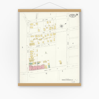 Old map wall art mockup — magnetic wood frame on white wall — Sanborn Fire Insurance Map from Los Gatos, Santa Clara County, California (1908), Sheet #0009