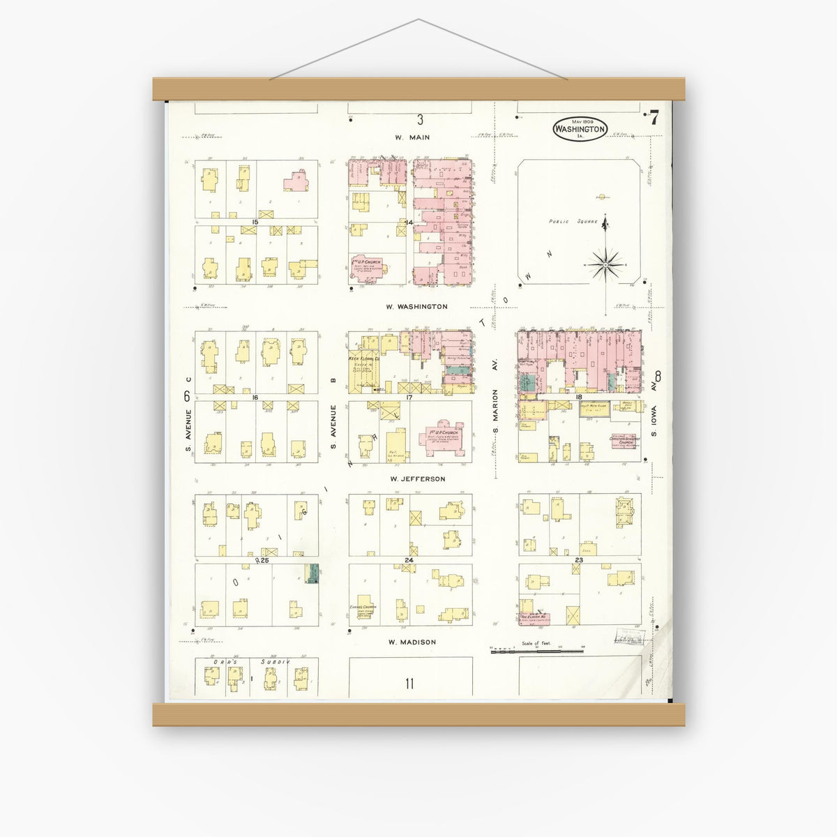 Old map wall art mockup — magnetic wood frame on white wall — Sanborn Fire Insurance Map from Washington, Washington County, Iowa (1909), Sheet #0007