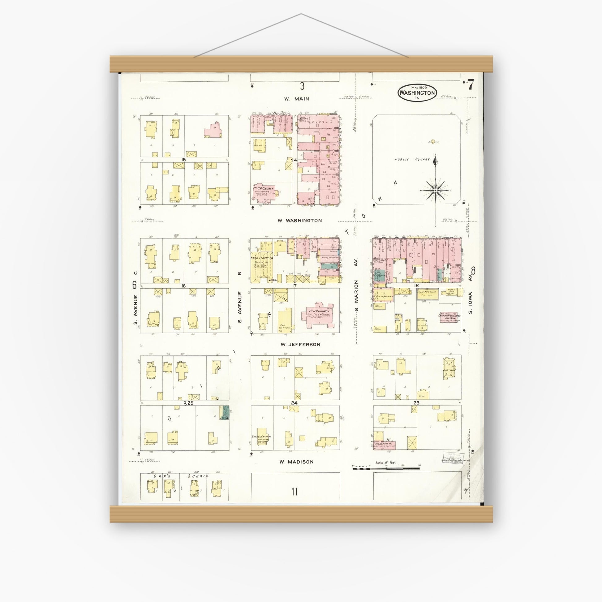 Old map wall art mockup — magnetic wood frame on white wall — Sanborn Fire Insurance Map from Washington, Washington County, Iowa (1909), Sheet #0007