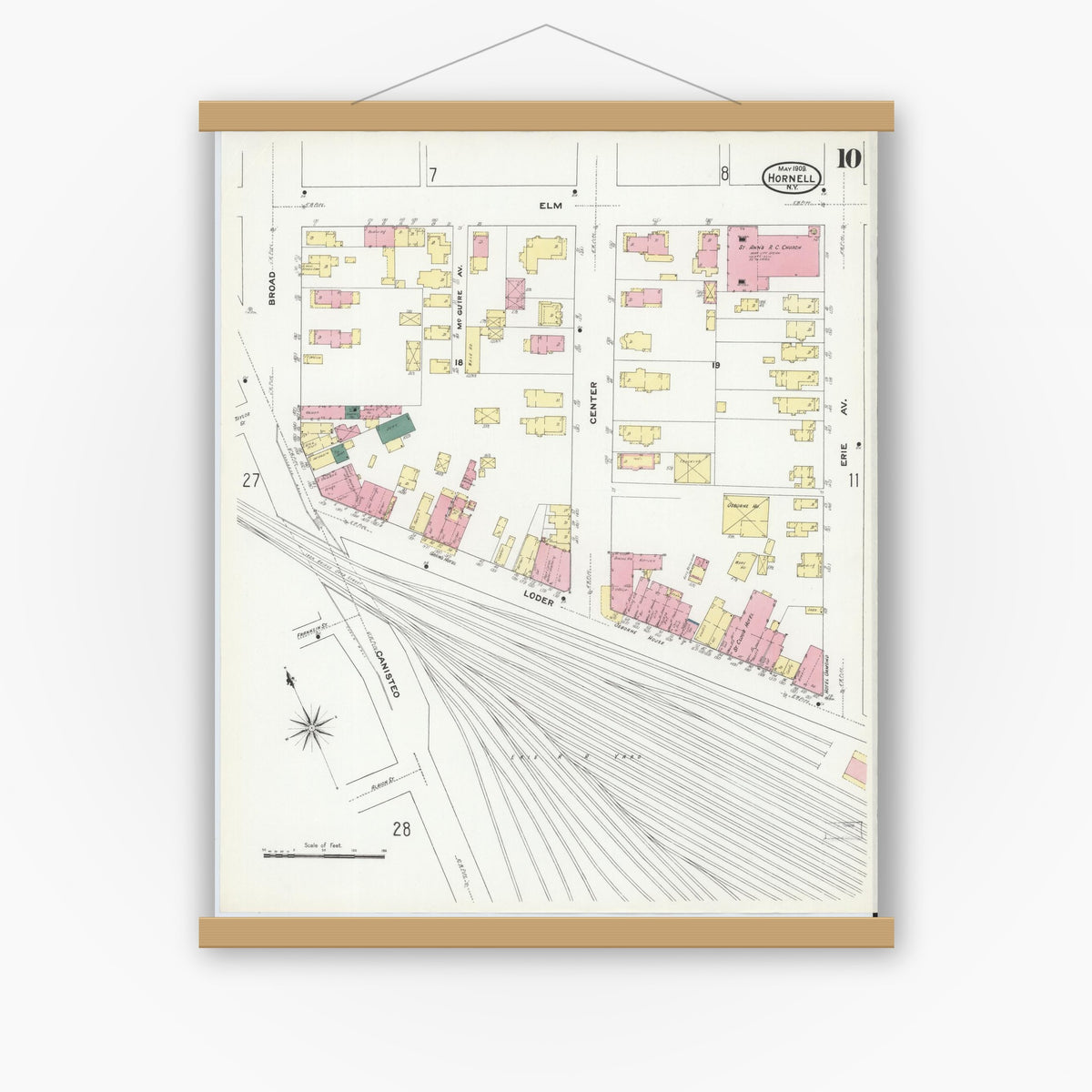 Old map wall art mockup — magnetic wood frame on white wall — Sanborn Fire Insurance Map from Hornell, Steuben County, New York (1909), Sheet #0010