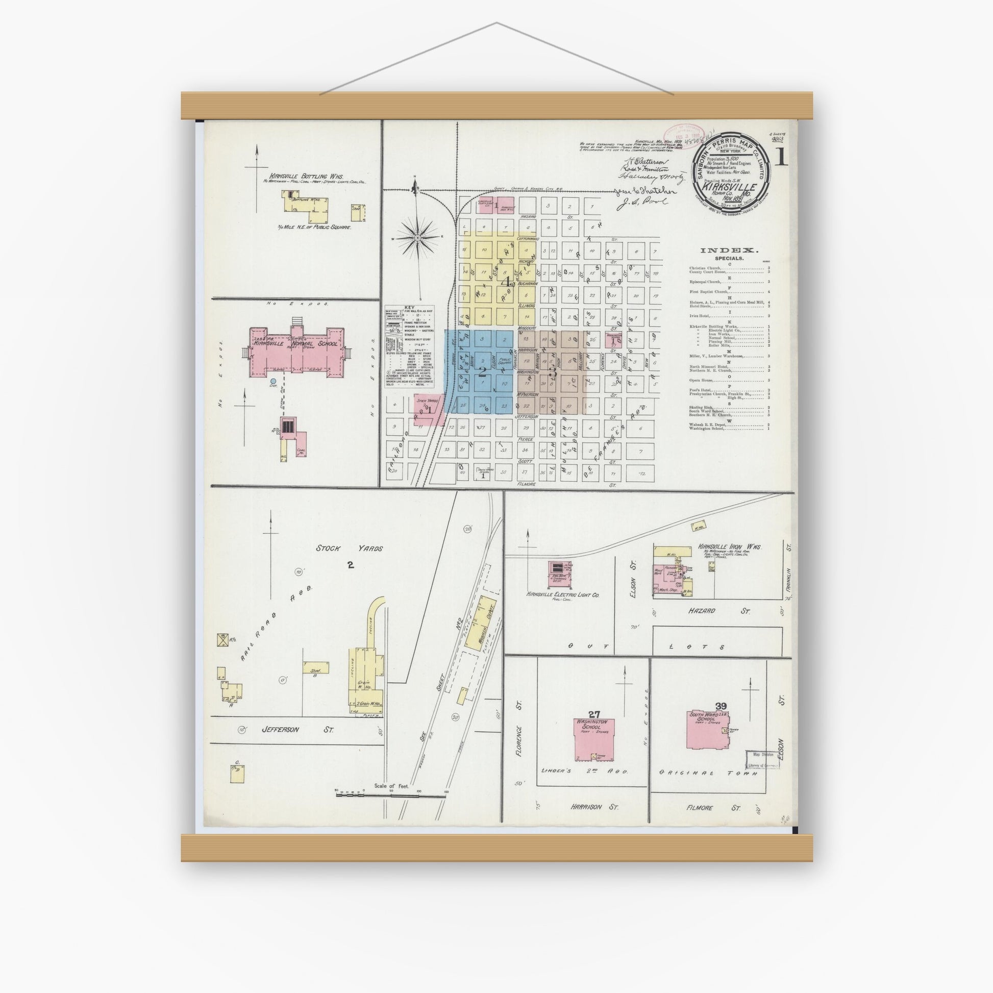 Old map wall art mockup — magnetic wood frame on white wall — Sanborn Fire Insurance Map from Kirksville, Adair County, Missouri (1891) - Complete Map Set