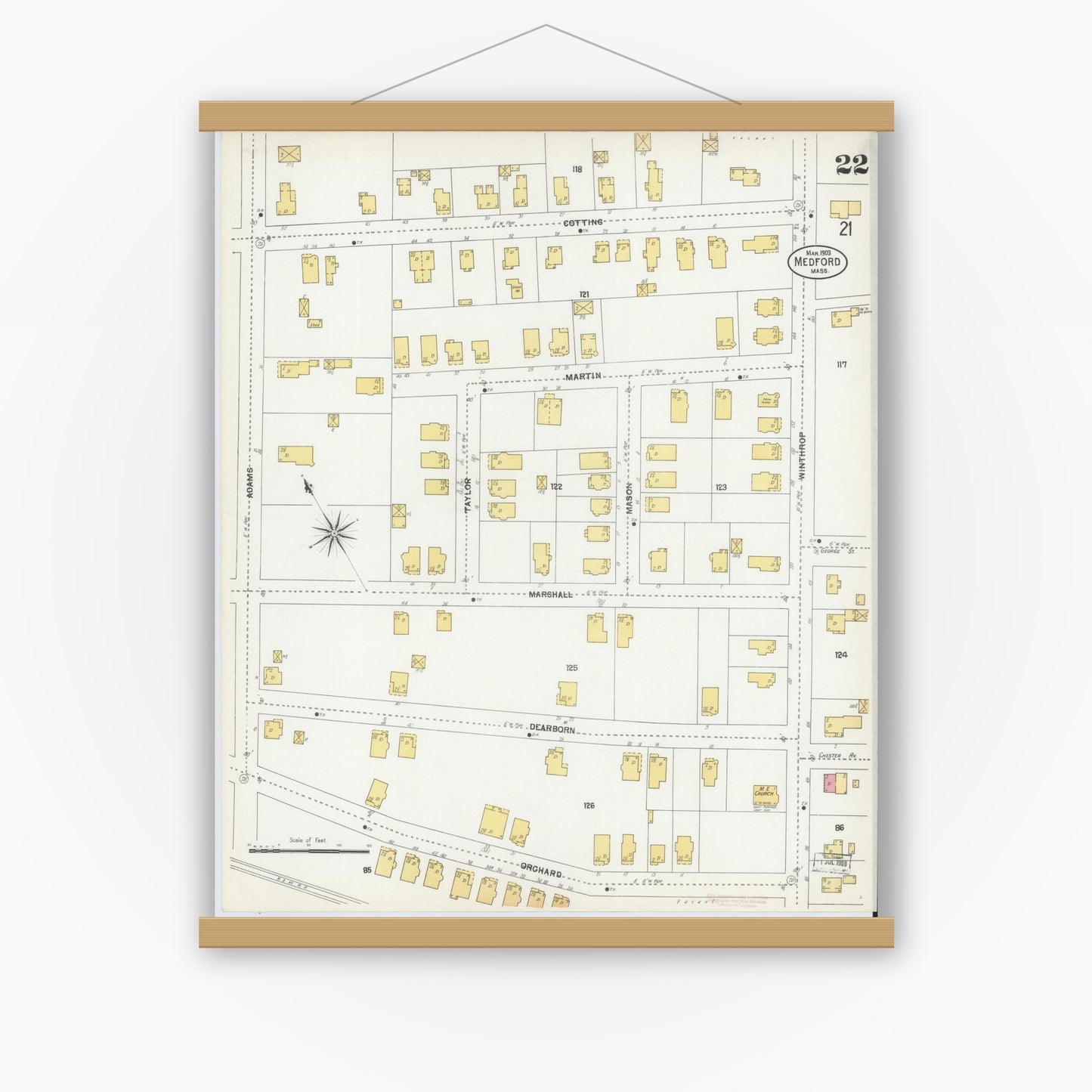 Old map wall art mockup — magnetic wood frame on white wall — Sanborn Fire Insurance Map from Medford, Middlesex County, Massachusetts (1903), Sheet #0022
