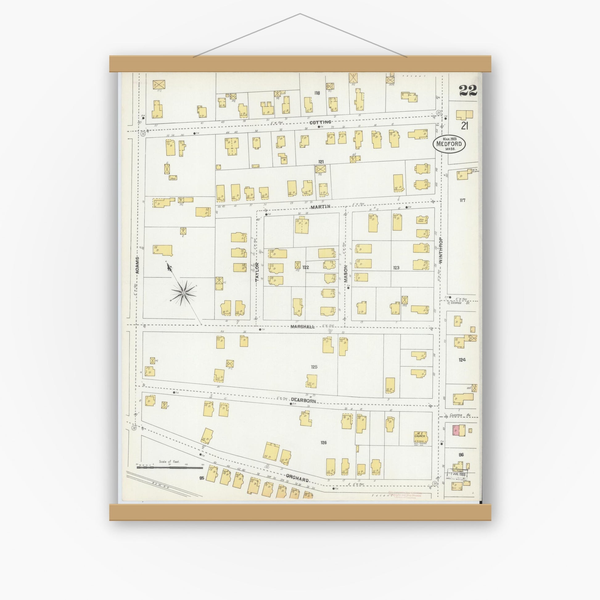 Old map wall art mockup — magnetic wood frame on white wall — Sanborn Fire Insurance Map from Medford, Middlesex County, Massachusetts (1903), Sheet #0022